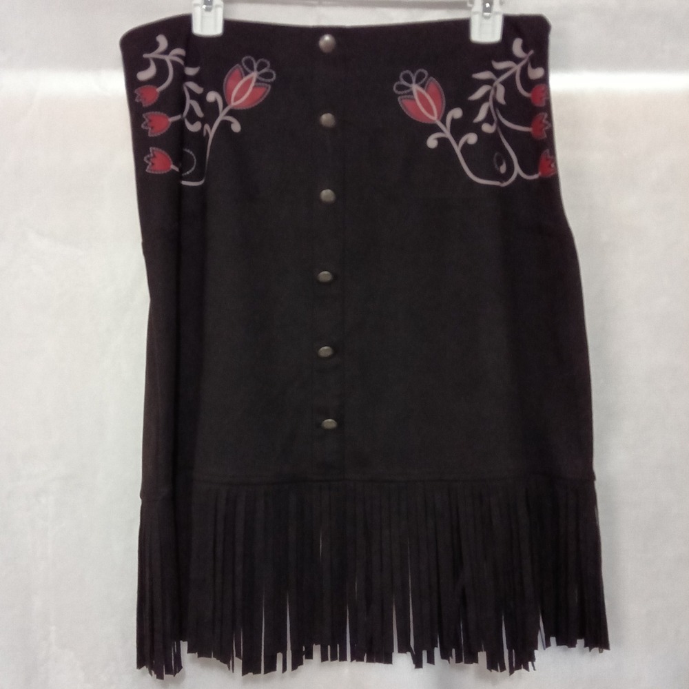 Lucky & Blessed Black Fringe Western Skirt Floral Print Womens Large